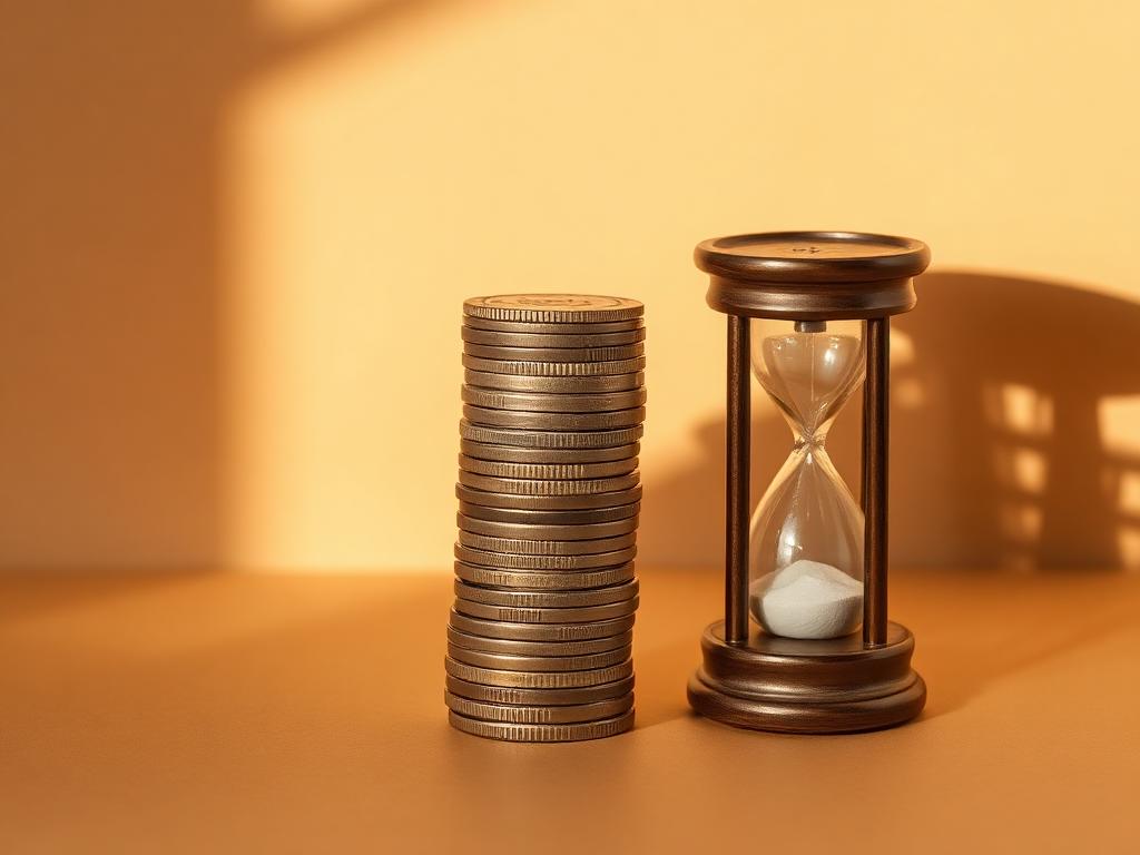 Monedas mexicanas y un reloj de arena sobre una mesa
