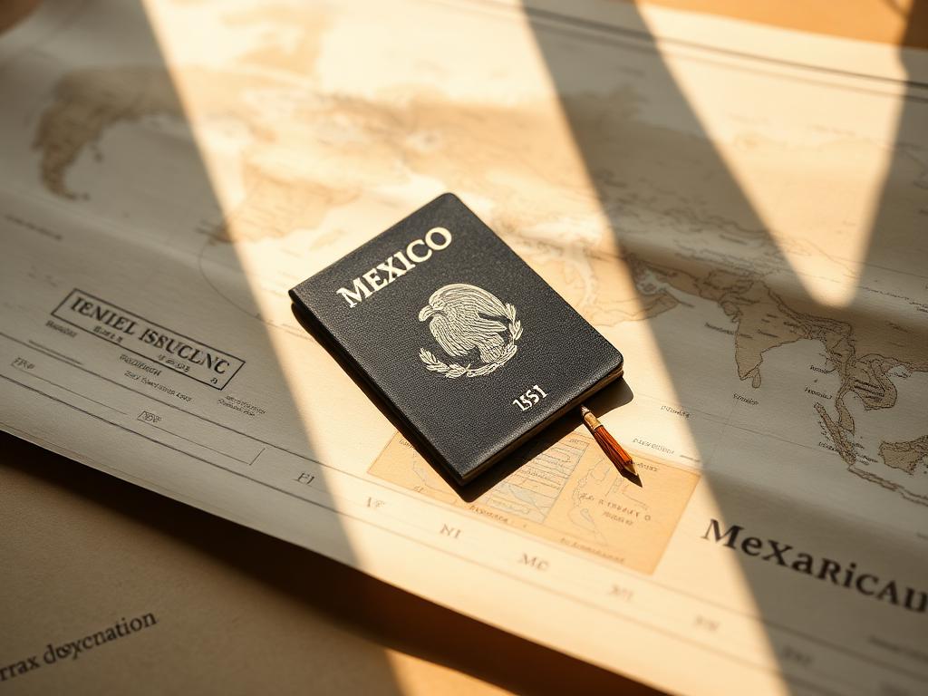 Pasaporte mexicano y mapa del mundo